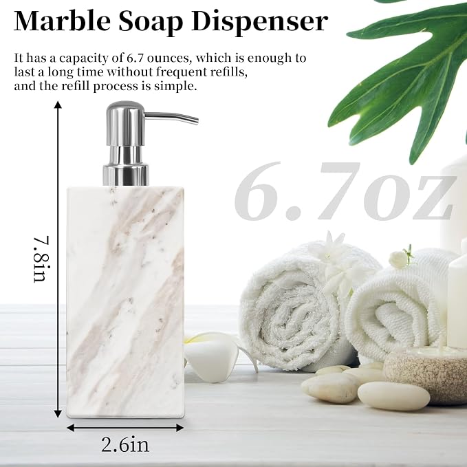 White Marble Soap Dispenser for Bathroom and Kitchen Countertop - Image 5