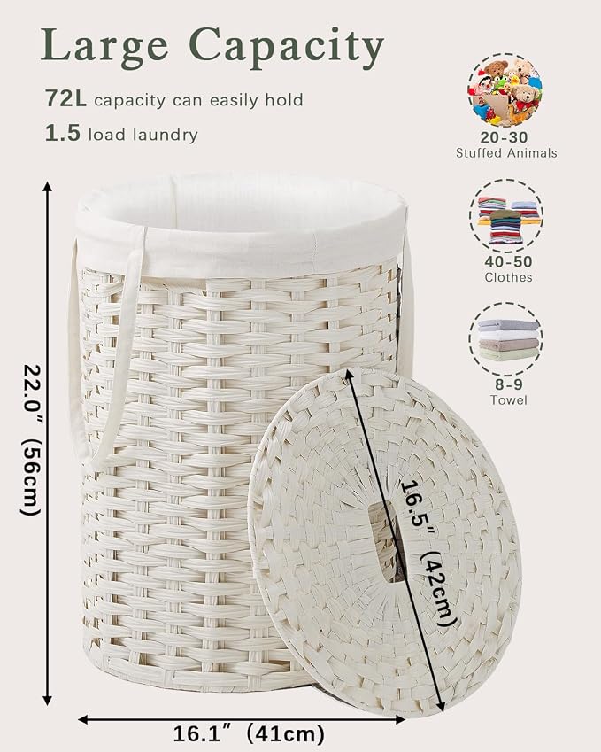 Laundry Hamper with Lid Laundry Basket with Lid 19.0 Gal Round Wicker Laundry - Image 4