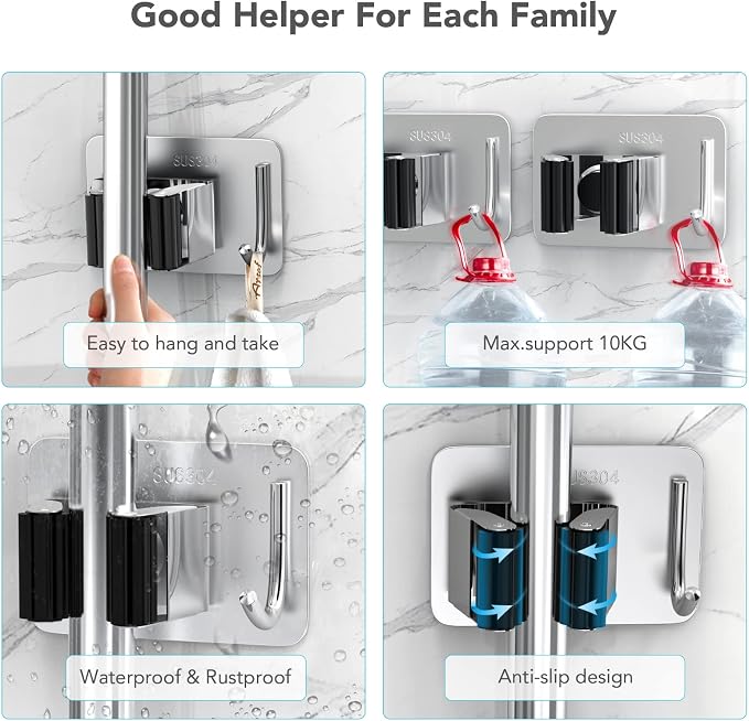 Mop Broom Holder No Drill, Mop Broom Organizer Wall Mounted Heavy Duty - Image 4