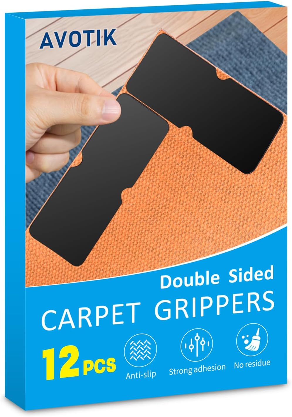 Rug Gripper for Hardwood Floors: 12 PCS No Damage Rug Tape - Anti Slip Rug Grips for Area Rugs – Secure Carpet Tape for Wood Floors, Safe & Strong Hold
