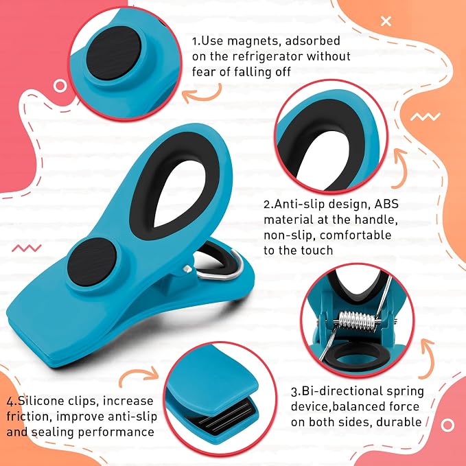 FINDMAG 12 Pack Chip Clips, Big Food Clips Blue Magnetic Clip, Magnetic Bag - Image 2