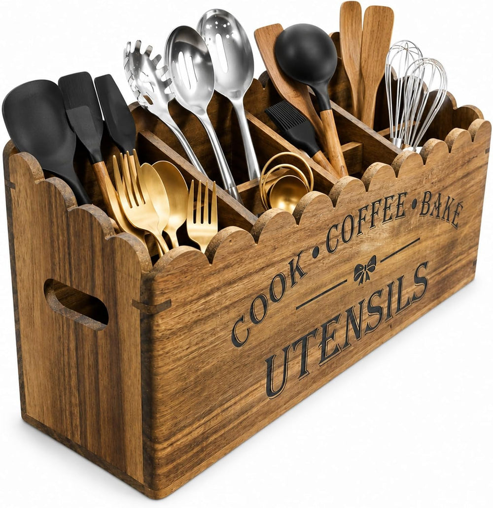 Acacia Wood Utensil Holder for Counter, 4-Compartment Organizer