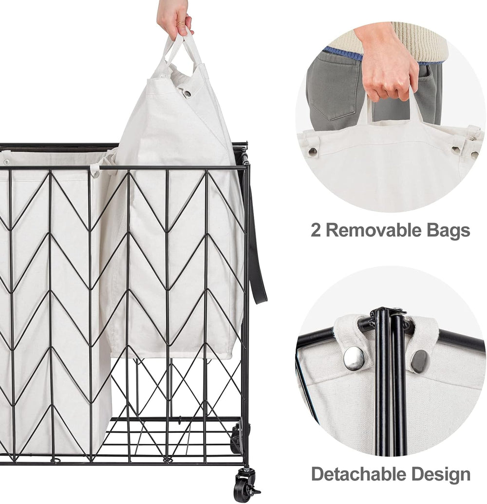 WOWLIVE Double Laundry Hamper with Lid, Rolling Laundry Basket with Wheels