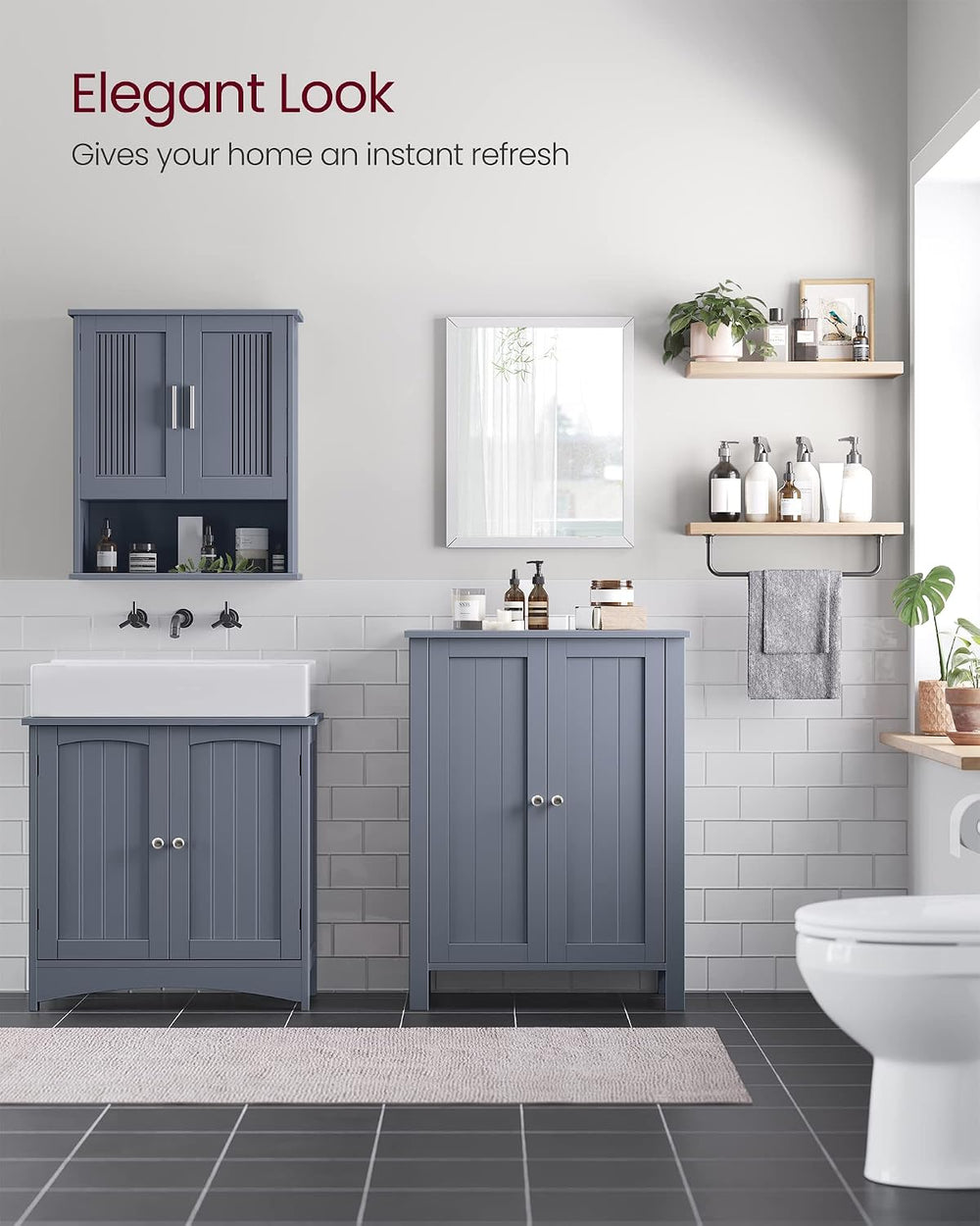 VASAGLE Bathroom Floor Storage Cabinet, 2 Adjustable Shelves,Slate Gray