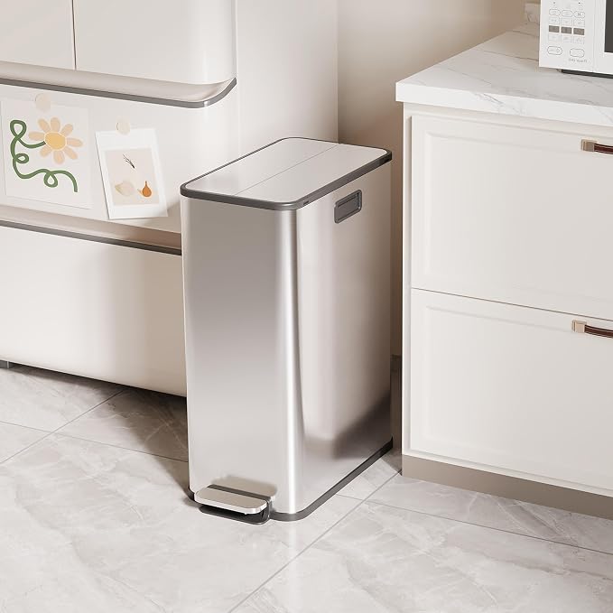2 x 7.4 Gal Slim Trash Can, Stainless Steel Dual Compartment Step-On Recycling - Image 6
