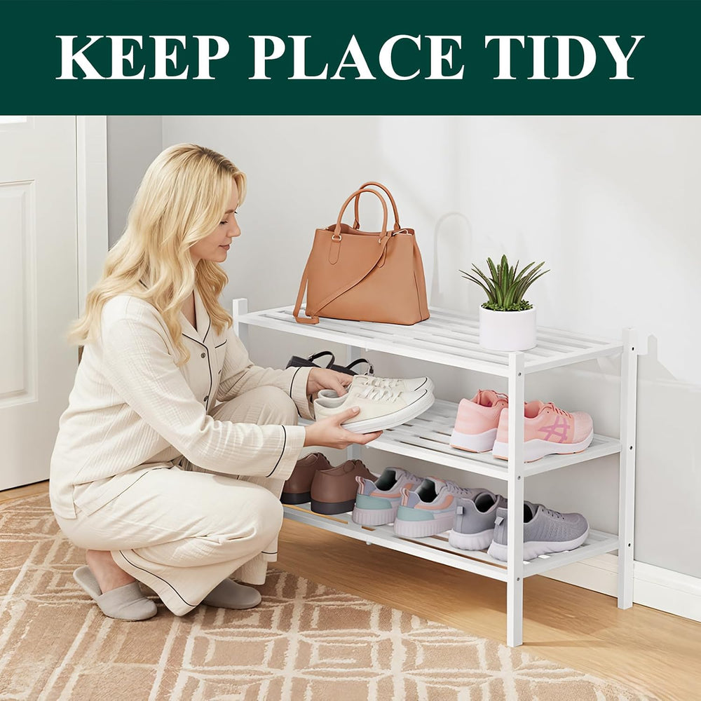 Smiry Bamboo Shoe Rack, 5 Horizontal Slats, 3 Tier - 26.8" Wide, White