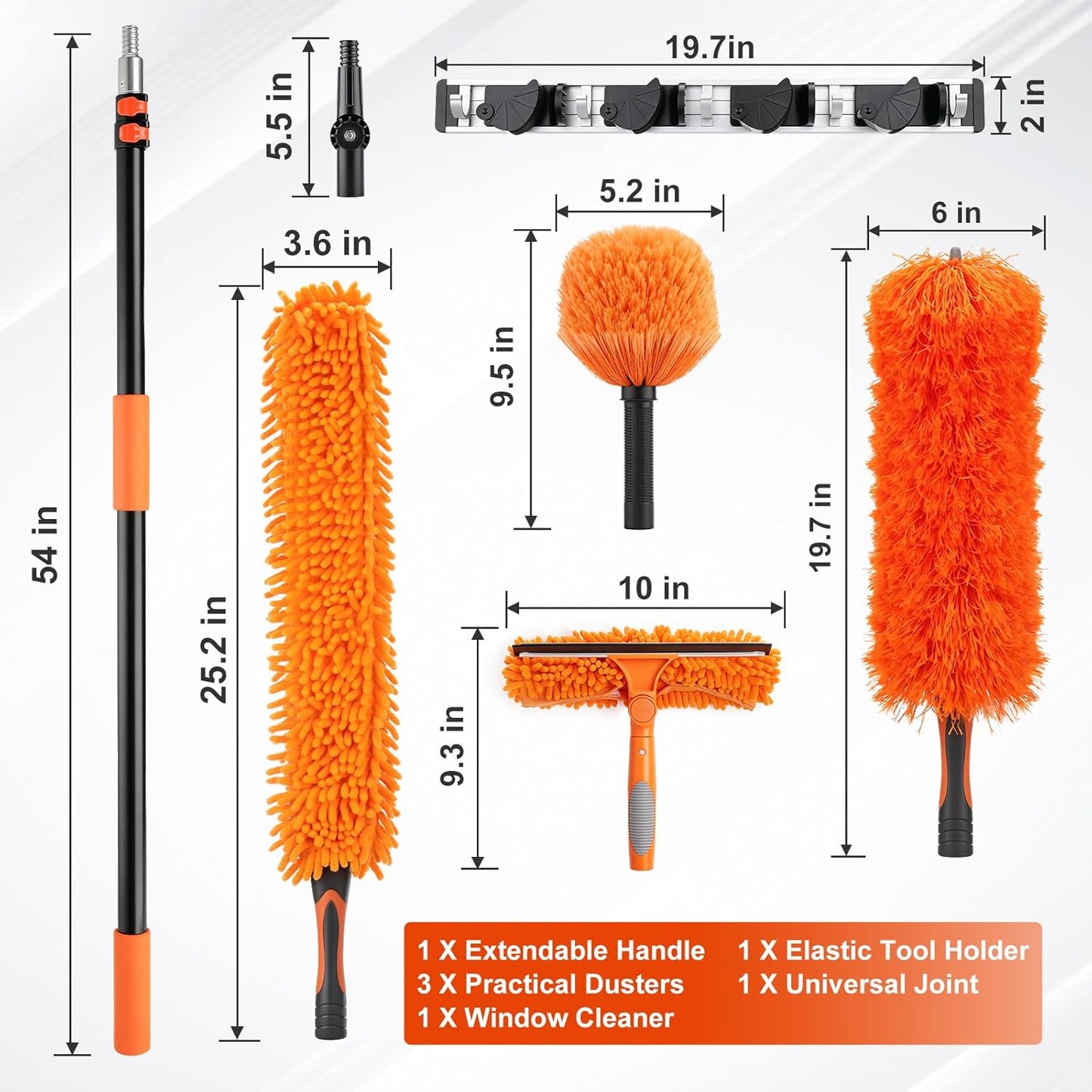 20 Foot High Ceiling Fan Cleaner Duster Kit with 5-12ft Heavy Duty Extension Pole, Microfiber Feather Duster, Cobweb Duster, Ceiling Fan Duster and Window Squeegee, Long Dusters for Cleaning
