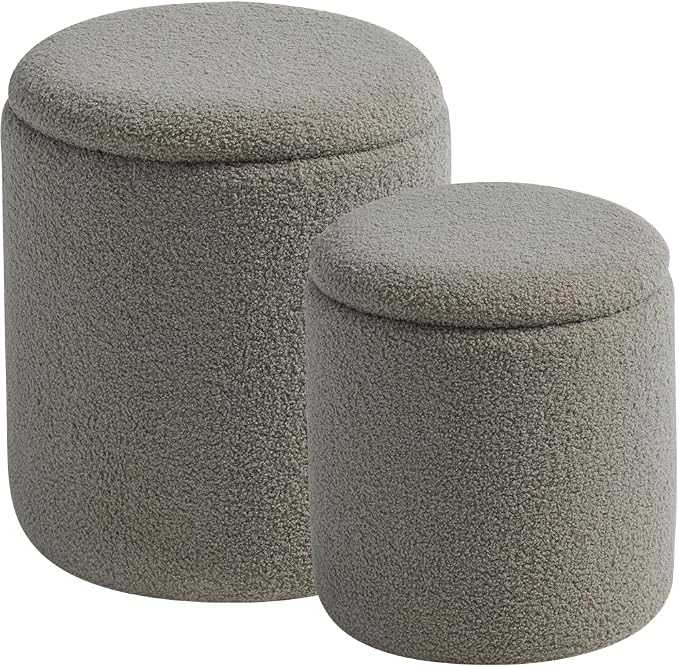 Round Ottoman with Storage Set of 2-Upholstered Sherpa Vanity Stool by HomePage