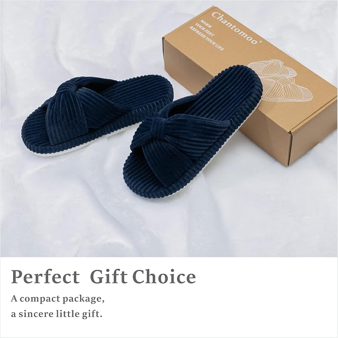 Chantomoo Slippers for Women Memory Foam House Bedroom Corduroy Bow Crossbands - Image 4