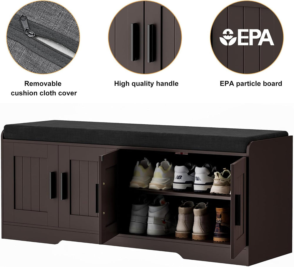 Homleke Shoe Storage Bench, 4 Doors & Thickened Padded Seat Cushion