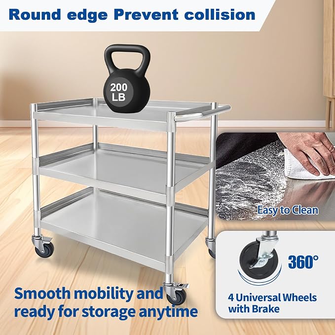 3-Shelf Stainless Steel Rolling Utility Cart - Image 3