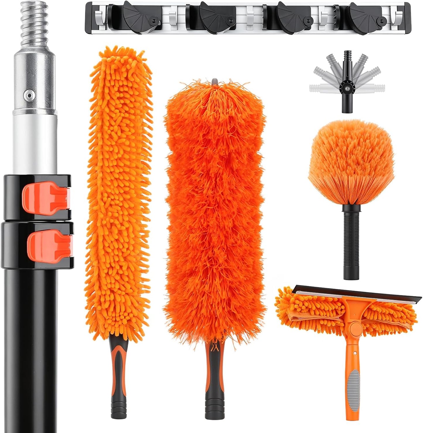 20 Foot High Ceiling Fan Cleaner Duster Kit with 5-12ft Heavy Duty Extension Pole, Microfiber Feather Duster, Cobweb Duster, Ceiling Fan Duster and Window Squeegee, Long Dusters for Cleaning