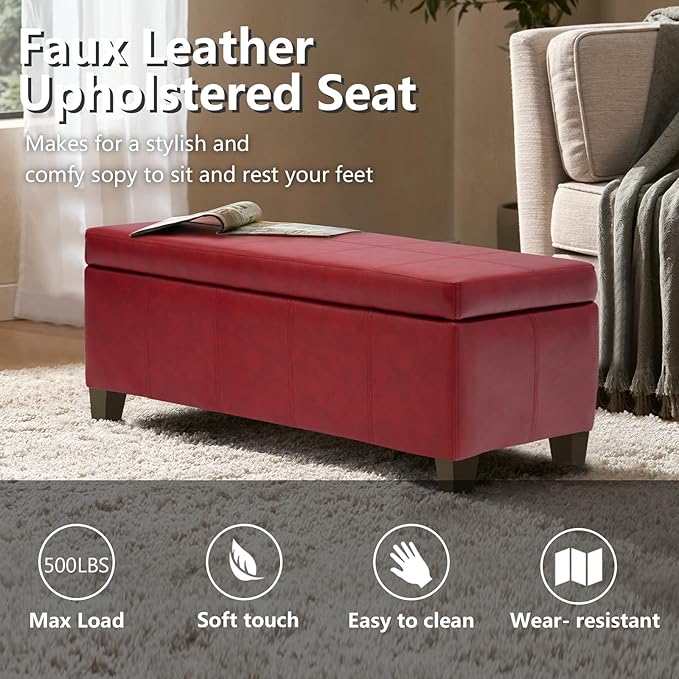 Faux Leather Ottoman with Storage, Rectangular Extra Long Storage Bench - Image 4