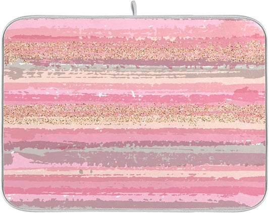Pink Gold Stripe Dish Drying Mat by Wamika