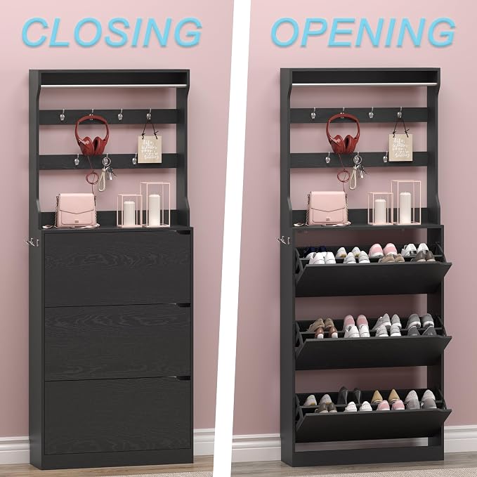 Shoe Cabinet with 3 Flip Drawers & Coat Rack, Narrow Hidden Shoe Storage Cabinet - Image 5