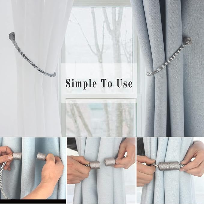Magnetic Curtain Tiebacks 4 Pack Grey Curtain Rope Tieback Curtain Holders - Image 3
