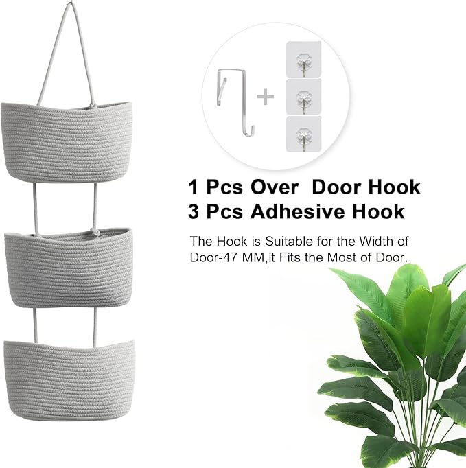 TeoKJ Over the Door Organizer, 3-Tier Woven Cotton Hanging Kitchen Baskets - Image 3