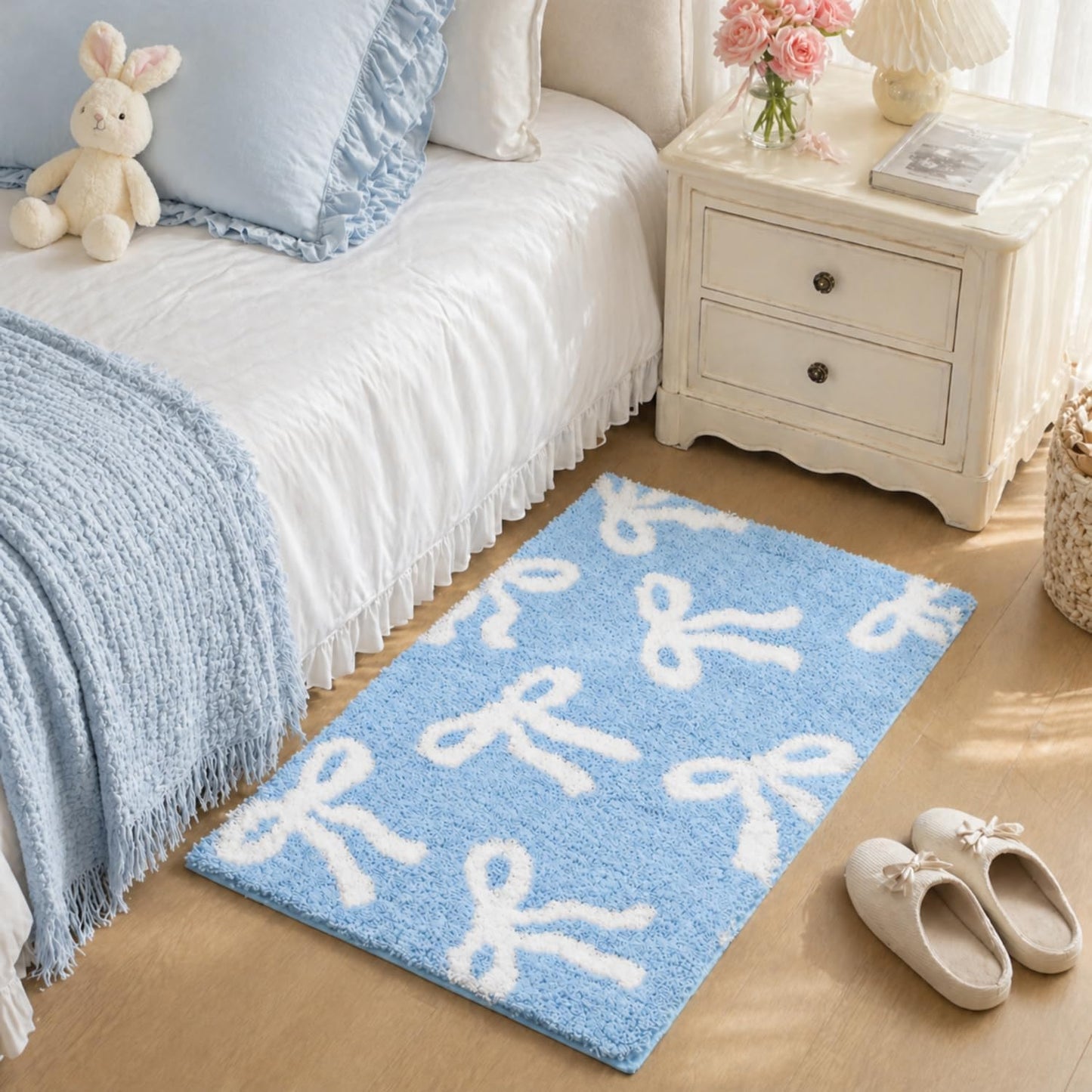 Tinideya Blue Bow Bathroom Rug 20 x 32 Inch Coquette Bath Mat Non Slip Absorbent Microfiber Floor Mat Machine Washable Cute Bow Rug for College Dorm Vanity Bedroom Bathroom Decor