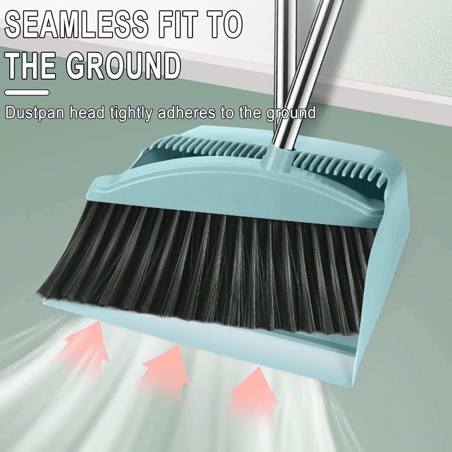 Broom and Dustpan Set, 32" Stainless Steel Long Handle,Standing Storage, Indoor Sweeping Combo for for Home & Kitchen, Broom with Dustpan Combo Set, Teeth Comb, Green