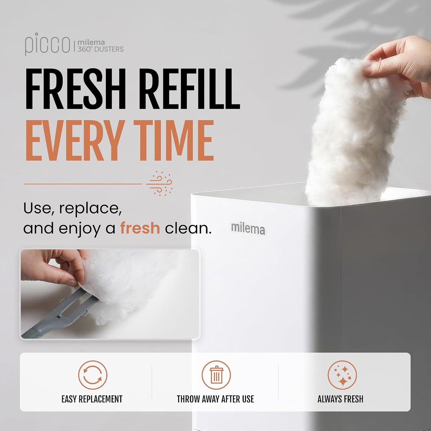 milema Picco 360 Double-Sided Microfiber Duster Cleaning Kit (White, 1 Short Handle, 23 Refills)