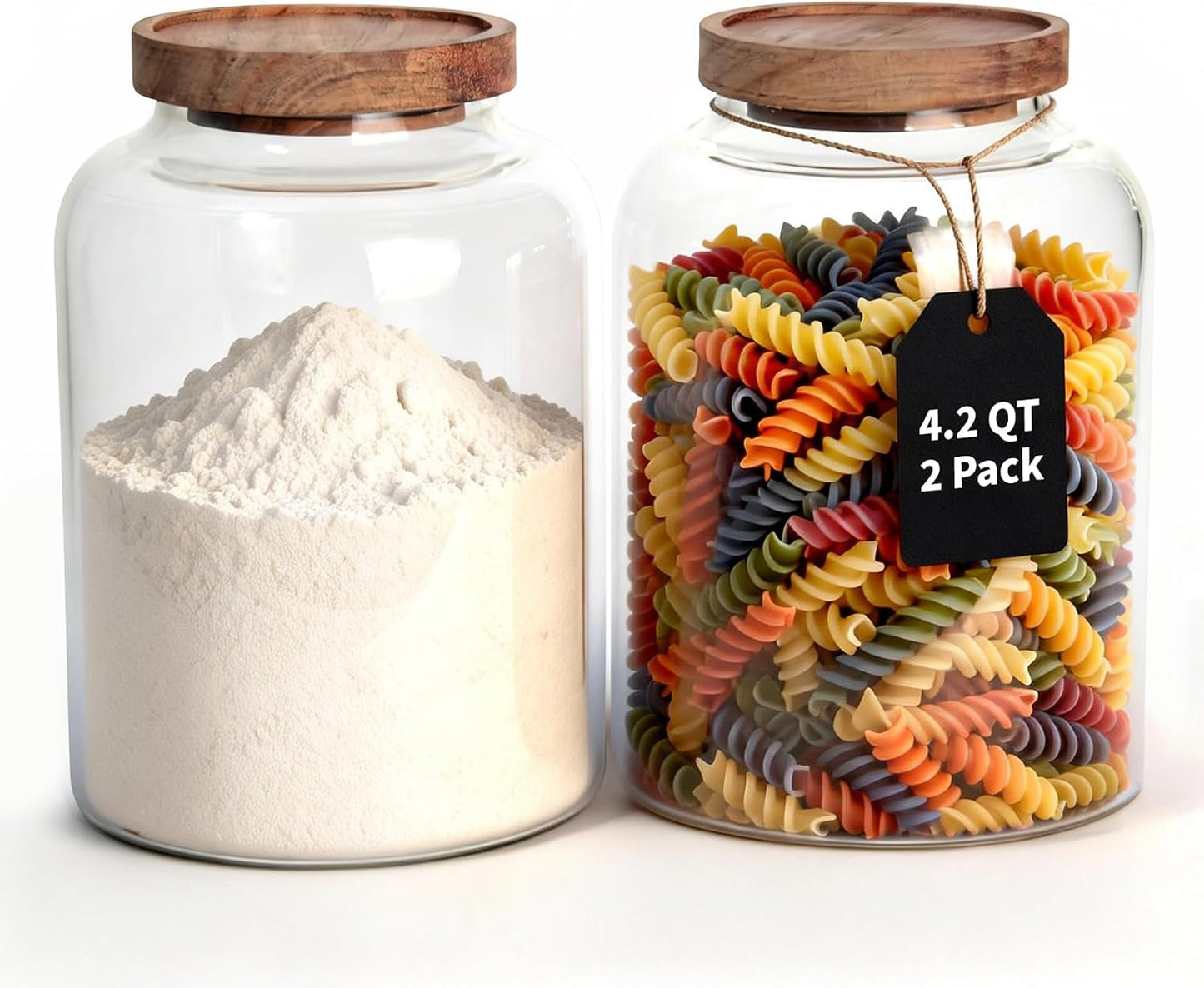 2 PCS Large Glass Food Storage Jars with Airtight Lids, 4.2 Qt Wide Mouth Glass Canister Set for Pantry, Rice, Flour, Sugar, Cereal & Coffee