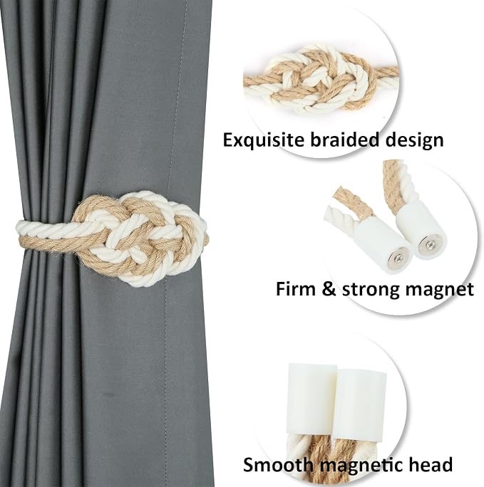 4 Pack Natural Jute Magnetic Curtain Tiebacks, Boho Rustic Style Decorative - Image 3