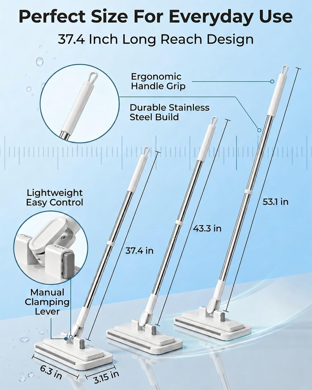 Hands Free Multi Purpose Flat Mop One Click Mini Snap Grip Easy Tap Disposable Multifunctional Lazy Clamp Dust Wall Bathroom Mop System Using Any Cloth Attachment Changing for Floor(53.1in Set)