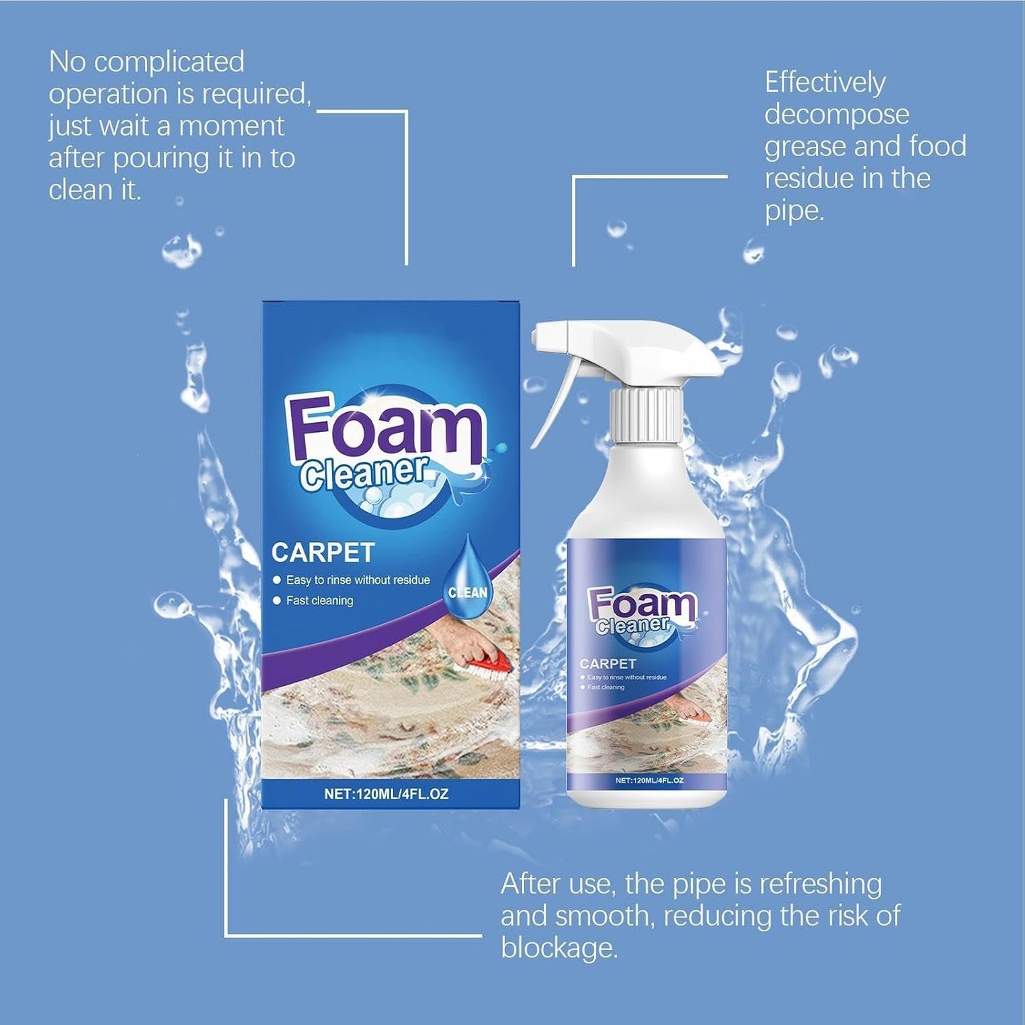 Carpet Spray Cleaner - Upholstery Foam Stain Remover, 2.87 Inches Cleaning Solution with Fast Acting, Agent, Care Product, Odor Eliminator for Stain Breakdown Fiber Hygiene Restoration