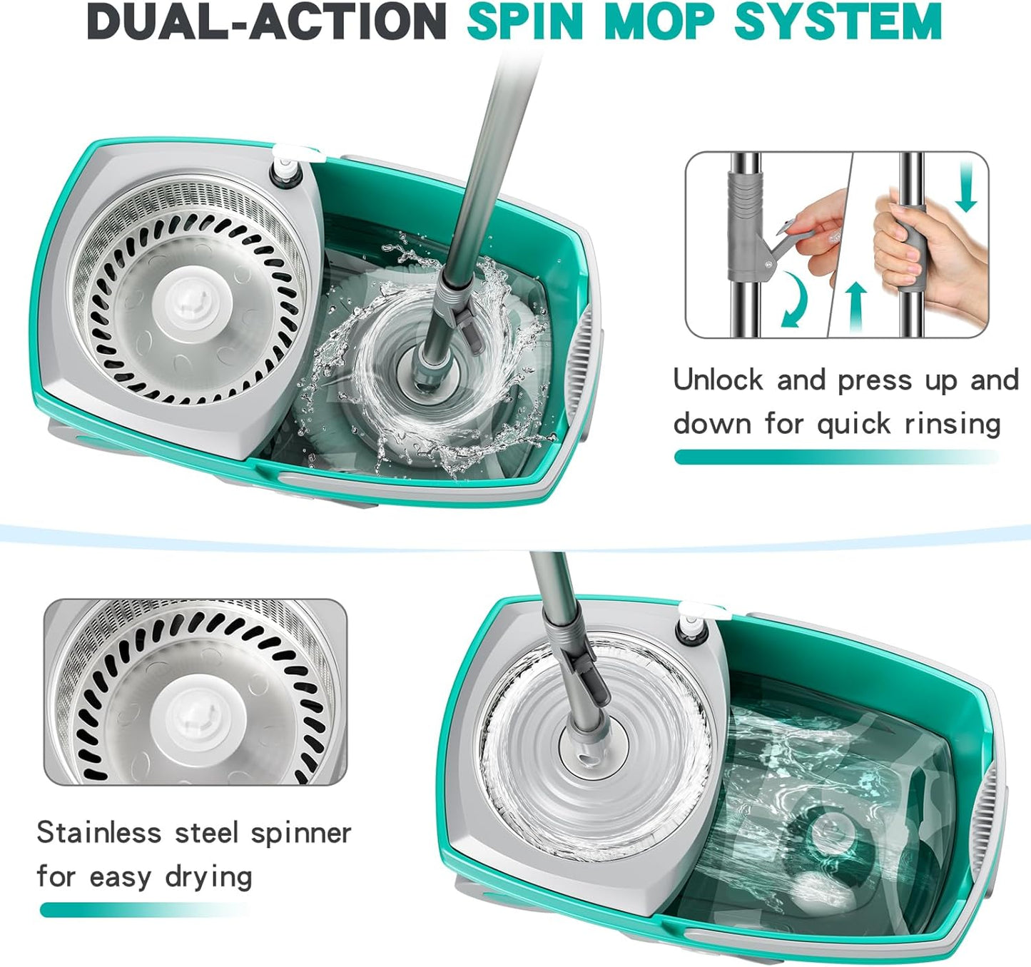 Mop and Bucket Set with Wringer, Spin Mop Floor Cleaning System with 6 Replacement Microfiber Heads & 61" Extra-Long Handle for Home Floor, Blue