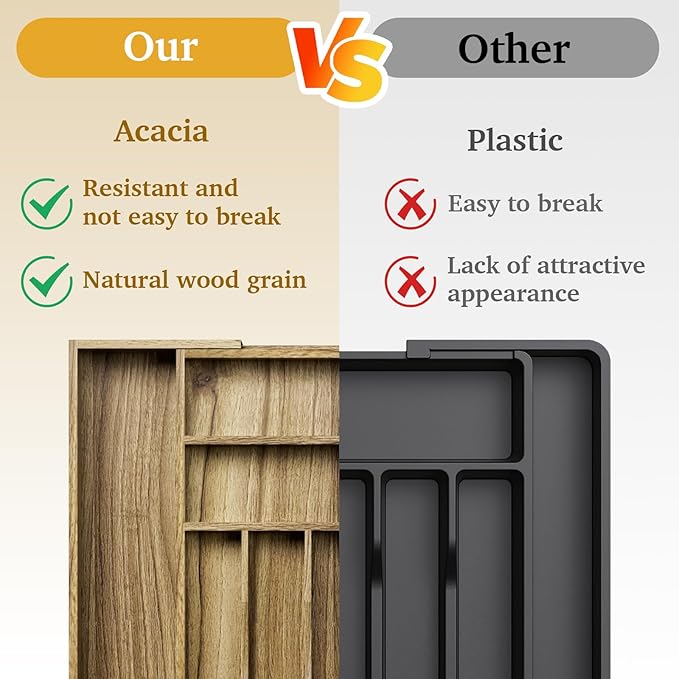 Acacia Wood Kitchen Silverware Drawer Organizer, Expandable Utensil Cutlery - Image 6
