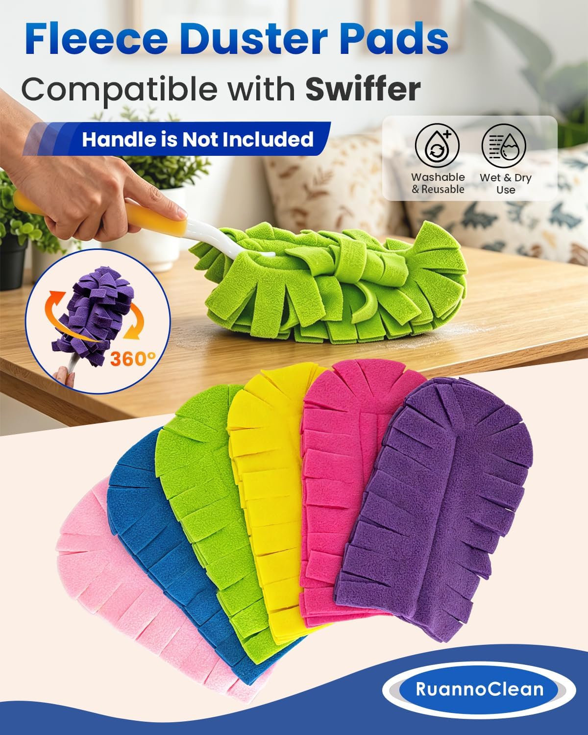 6 PCS Reusable Duster Refills Compatible with Swiffer, Washable Fleece Duster Pads 360 Heavy Duty Duster Refills for Fan, Window, Furniture, Floor Car Dust Cleaning (Handle is Not Included)