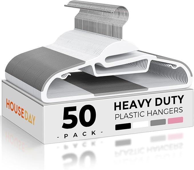 HOUSE DAY White Plastic Hangers 50 Pack, Slim Space Saving, Non Slip Hangers by HOUSEDAY
