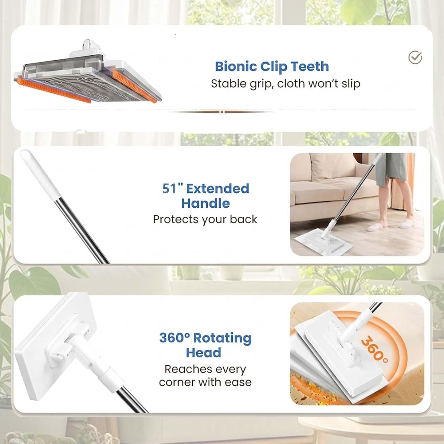Snap Grip Mini Mop, Hands Free Multi Purpose Flat Mop, Upgraded Disposable Dust, Zero Touch Mini Mops, Convenient Cloth Changing Mops, Foldable Adjustable Long Handle (1pc+ 5 Cloths)