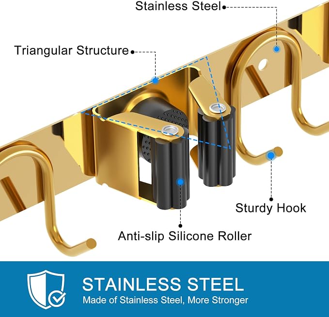 Mop Broom Holder Wall Mount, 2 Packs Gold Stainless Steel Tool Storage Organizer - Image 3