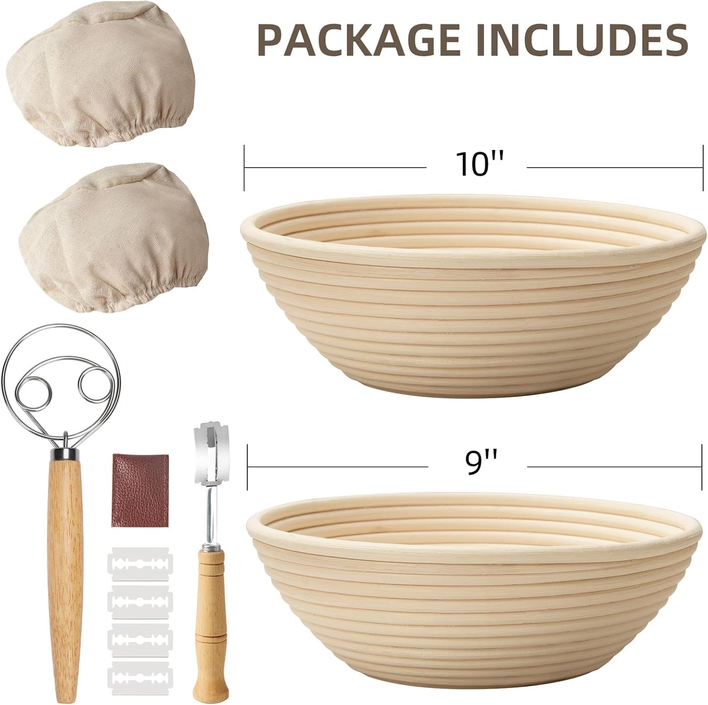 Kikcoin 9" & 10" Banneton Bread Proofing Basket Set, Round Banneton Basket for Sourdough Baking, Baking Supplies with Linen Liner, Bread Lame & Dough Whisk, Sourdough Proofing Tools