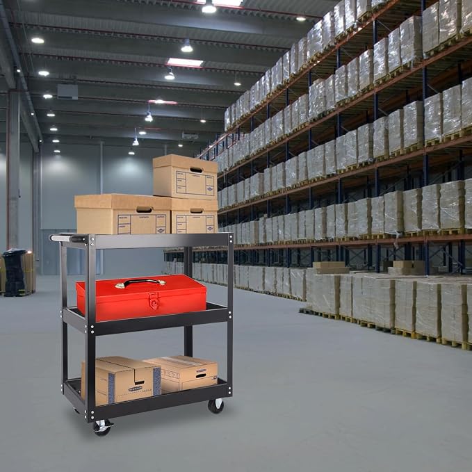 3-Tier Commercial Utility Cart, 3 Shelves Steel Service Tool Cart - Image 6