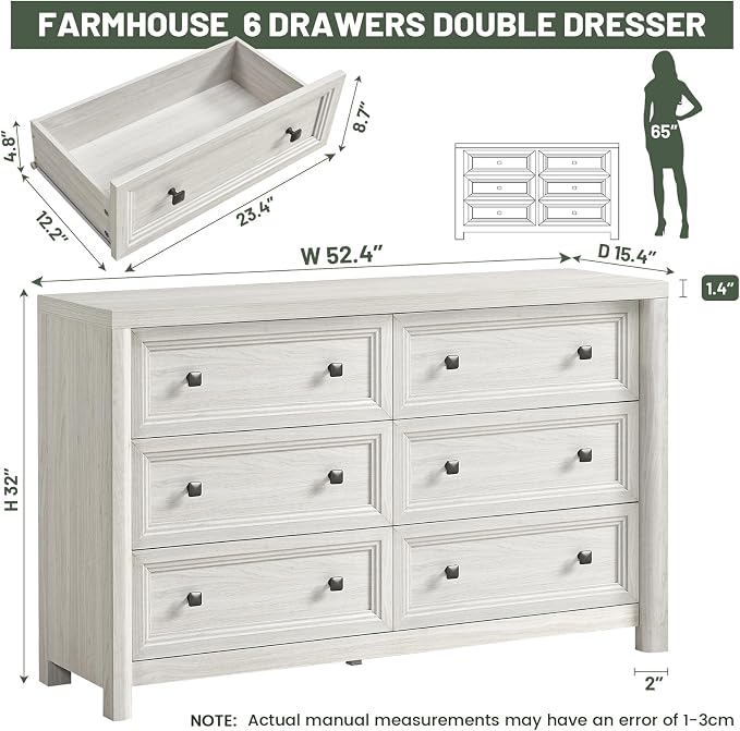 Farmhouse 6 Drawers Dresser for Bedroom, Metal Handle, Storage Closet Dressers - Image 2