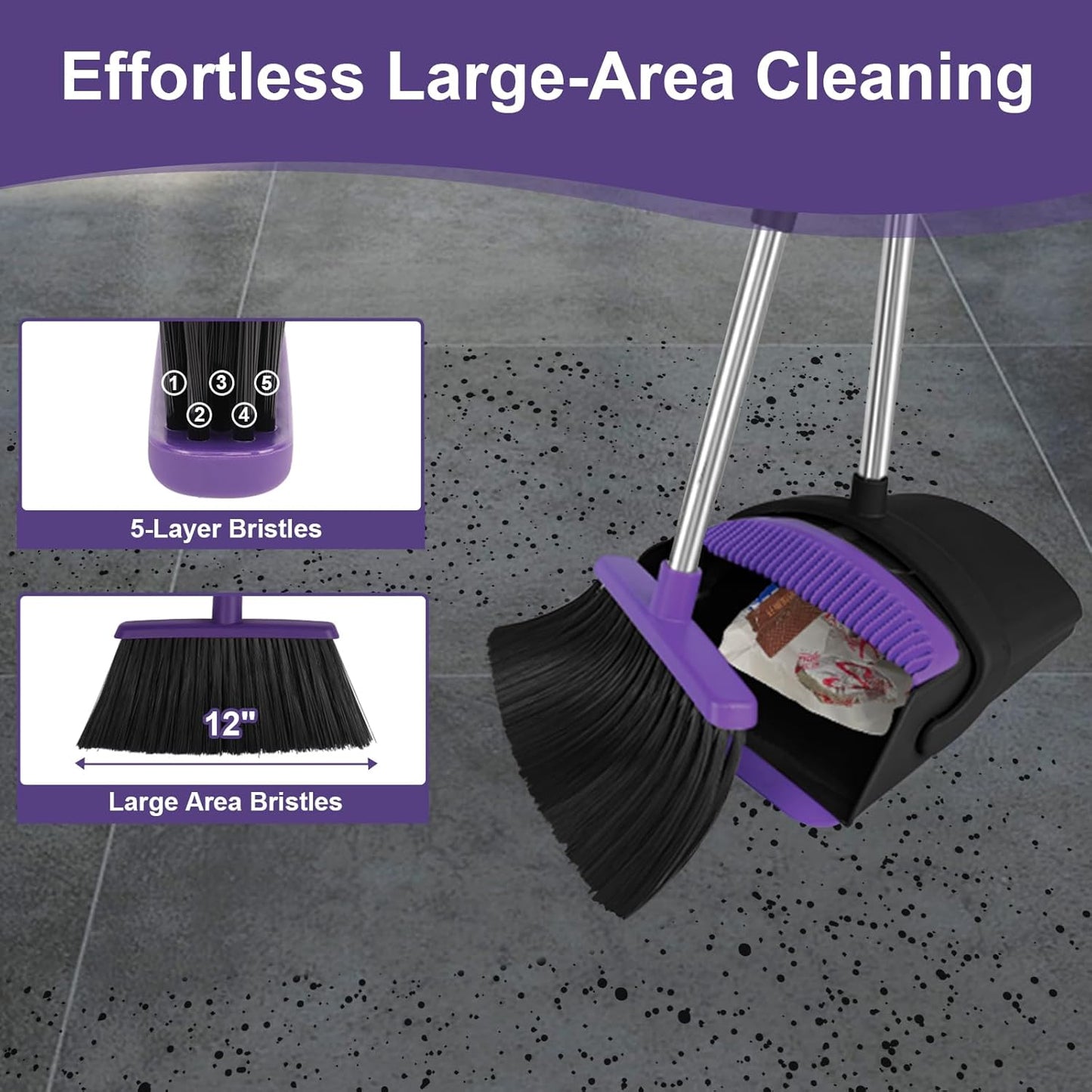 Broom and Dustpan Combo Set, 51" Long Handle Broom with Squeegee | Wet & Dry Cleaning for Pet Areas, Built-in Comb Dustpan, Foldable Space-Saving Storage, Multi-Surface Floor Cleaning
