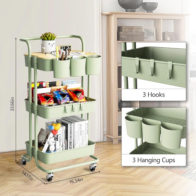 3 Tier Rolling Cart with Metal Handle, Table Top, Hanging Cups, Plastic Storage - Image 2