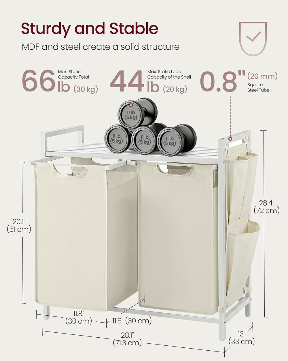 VASAGLE Laundry Hamper with Shelf, 2 Pull-Out Bags, 2 x 12.1 Gallons (46 L)