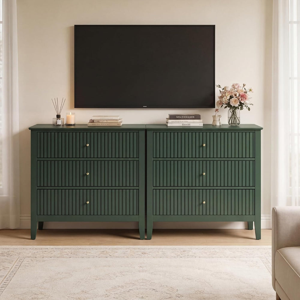 RoyalCraft Large 3 Drawer Dresser Set of 2, Fluted Chest of Drawers with Stor...
