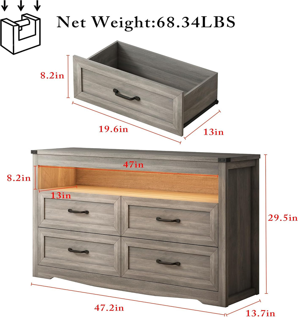 Wodeer Grey Dresser for Bedroom, Wooden 4 Drawer Dresser with LED Light, Dres...
