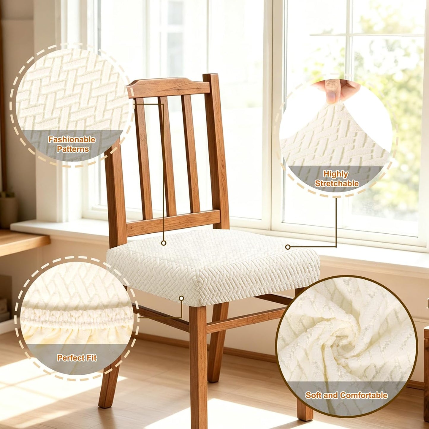 Dioxide Chair Covers for Dining Room Chairs,Chair Seat Covers Fit Stretch Jacquard Removable Slipcover Protector for Hotel Ceremony Banquet Wedding Party (Rear-Gapped,Beige Stripe,4PC,Not Waterproof)