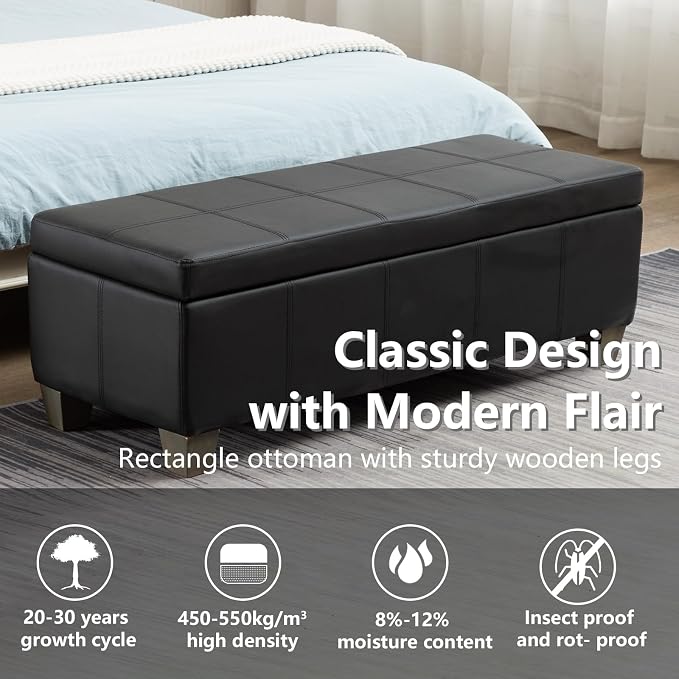 51 Inch Black Faux Leather Ottoman - Image 5