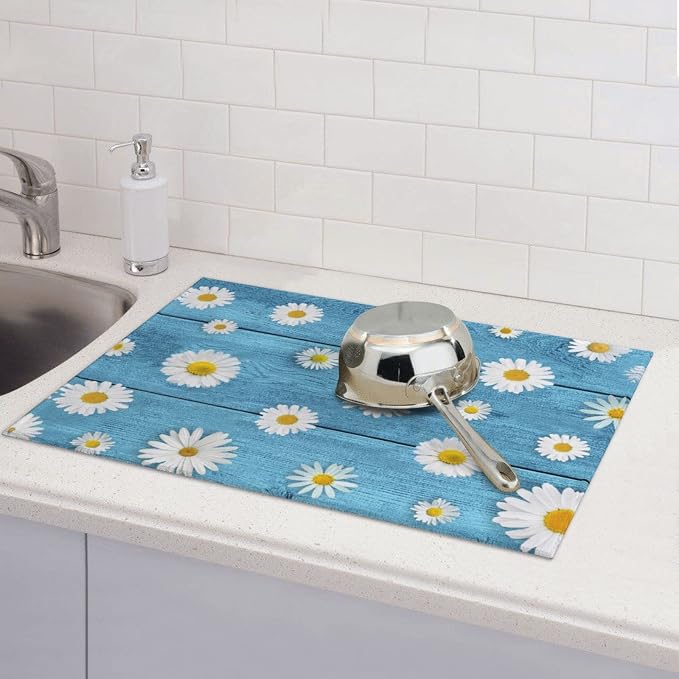 Daisies On Vintage Blue Wood Dish Drying Mats - Image 7
