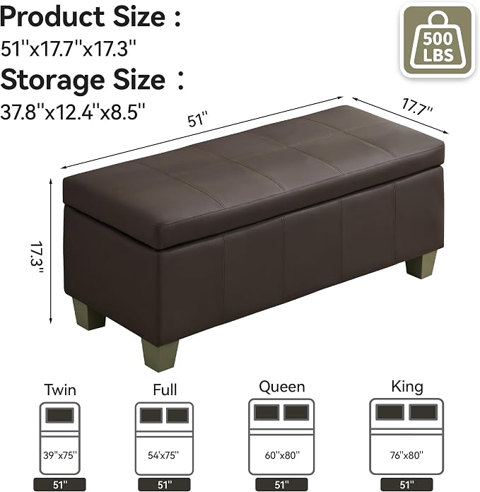 51" Faux Leather Storage Ottoman, Stitch Tufted Rectangle Upholstered End of - Image 2