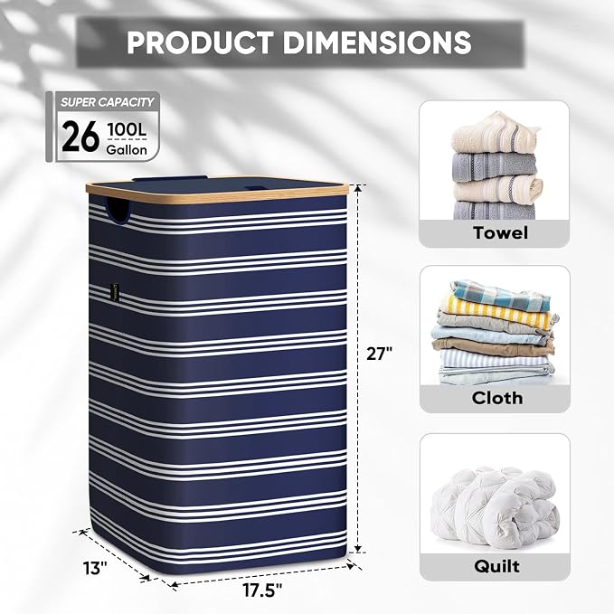 BALEINE Laundry Hamper with Lid, Tall Laundry Baskets with Bamboo Pull Handles - Image 4