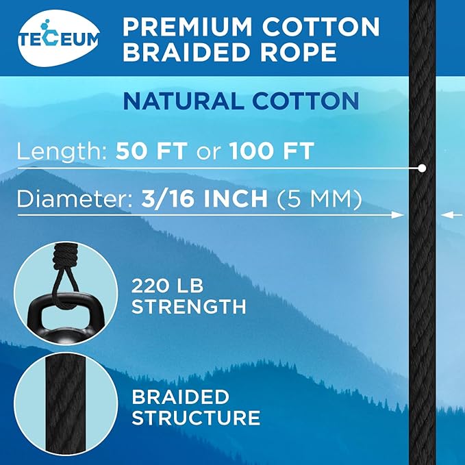 TECEUM 500lb Cotton Rope 3/16” – 50 FT | 100 FT – Strong All-Purpose Braided - Image 2
