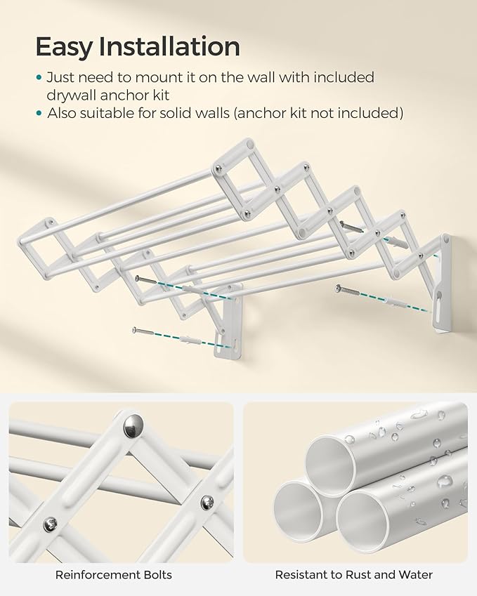 SONGMICS Clothes Drying Rack, Wall-Mounted Drying Rack Clothing, Small - Image 7