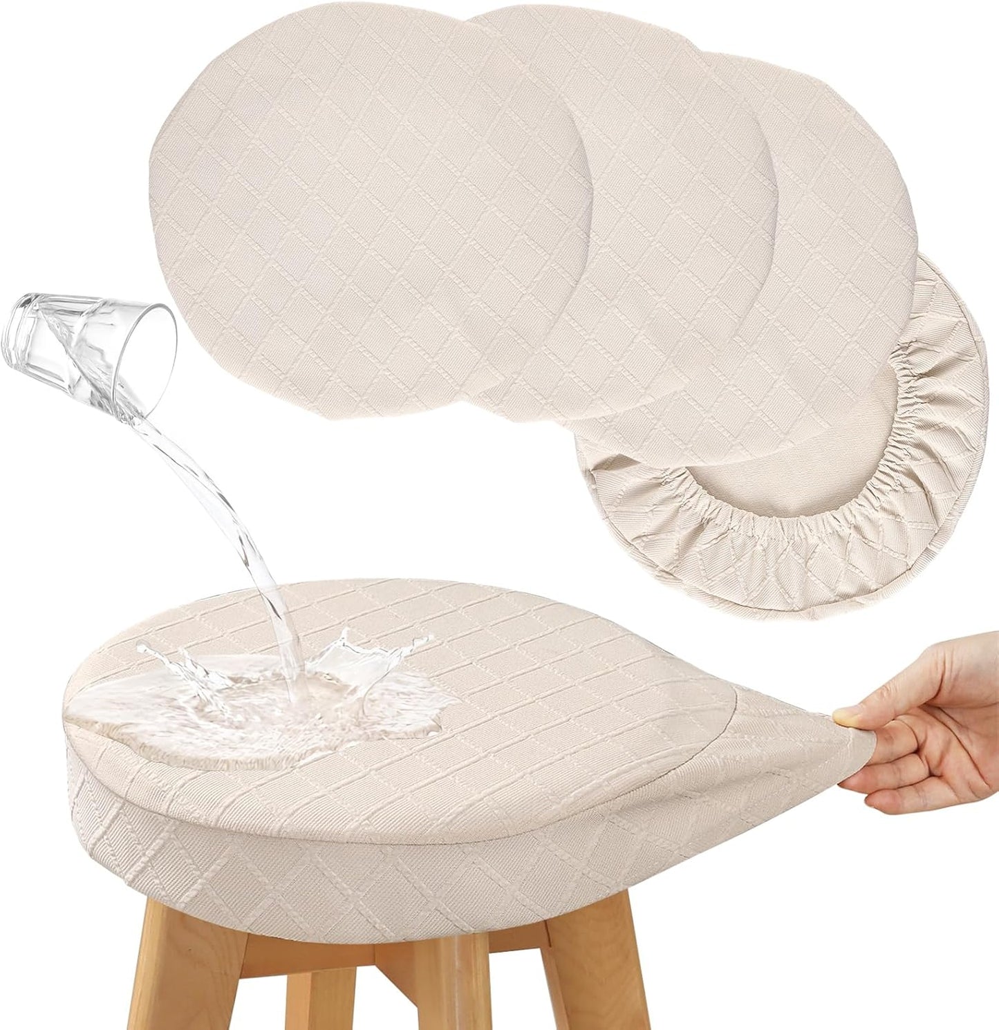 YISUN Stool Covers Round - 4 Pack Waterproof Stretch Seat Slipcover 16-18 Inch Counter Bar Stools, Washable Seat Cushion Slipcover Protector for Kitchen Island Home Bar - Beige